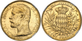 Monaco
Albert Ier (1889-1922) 
100 francs en or - 1901 A Paris 
Magnifique exemplaire. 
Le deuxième plus haut grade. 
32.25g - G. 124 - KM 105 - ...
