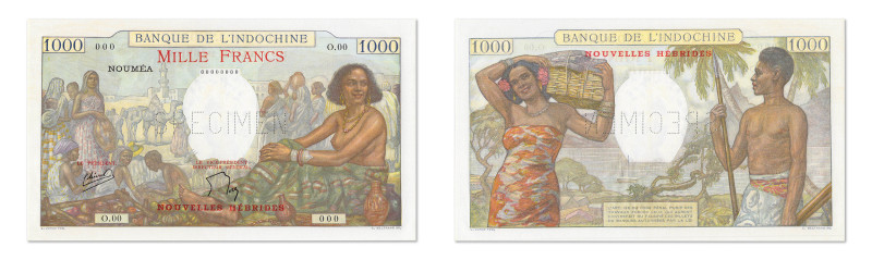 Nouvelles-Hébrides
Banque de l'Indochine 
Spécimen filigrané du 1000 Francs 
...