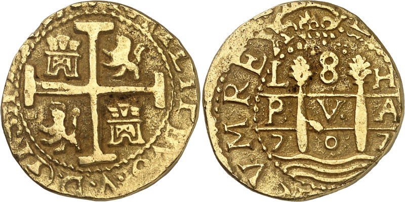 Pérou
Philippe V (1700-1746) 
8 escudos en or - 1707 Lima (Faux d’époque) 
Tr...