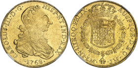 Pérou
Charles III (1759-1788) 
8 escudos en or - 1768 JM Lima 
Type sans la valeur faciale - L de LM pointé. 
Rarissime. 
Le deuxième plus haut g...