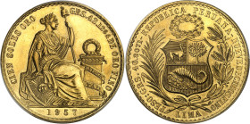 Pérou
République (1821 à nos jours) 
100 soles en or - 1957 Lima 
Magnifique exemplaire. 
Rarissime, surtout dans cette qualité. 
Seulement 550 e...