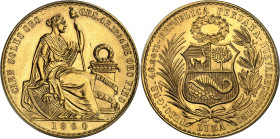 Pérou
République (1821 à nos jours) 
100 soles en or - 1960 Lima 
Magnifique exemplaire. 
Rarissime dans cette qualité. 
Seulement 2.207 exemplai...