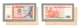 Pérou
Banque centrale de réserve du Pérou 
Paire d'épreuve unifaces progressive du 50 Intis 
3 Avril 1985 - A0000000A 
Annotations sur les feuille...