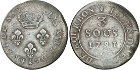 Réunion et Maurice
Isles de France et Bourbon 
Louis XVI (1774-1792) 
3 sous en billon - 1781 A Paris 
Rare. 
1.93g - Lec 8 - KM 500 
TTB - XF