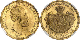 Suède
Oscar II (1872-1907) 
20 couronnes en or - 1899 EB 
Magnifique exemplaire. 
8.96 - Fr. 93 
FDC - NGC MS 65
