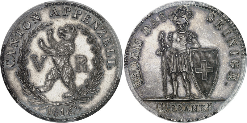 Suisse
Canton d'Appenzell 
4 francs en argent - 1816 
Magnifique exemplaire. ...