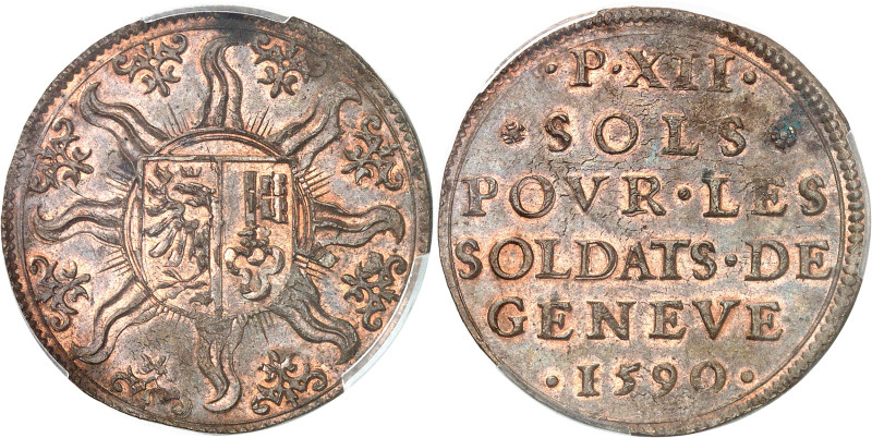 Suisse
Canton de Genève 
12 sols en cuivre - 1590 Genève 
Magnifique exemplai...