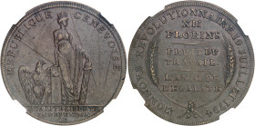 Suisse
Canton de Genève 
Épreuve en bronze du 12 florins "Revolutionnaire" - 1794 
Magnifique exemplaire. 
Rarissime. 
Provient d'une collection ...