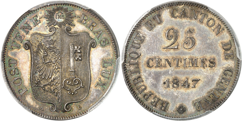 Suisse
Canton de Genève 
Épreuve en argent du 25 centimes - 1847 Genève 
Magn...