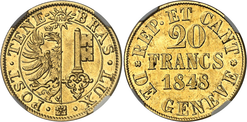 Suisse
Canton de Genève 
20 francs en or - 1848 
Magnifique exemplaire. 
Rar...