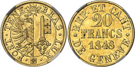 Suisse
Canton de Genève 
20 francs en or - 1848 
Magnifique exemplaire. 
Rare, 3.421 exemplaires. 
Léger nettoyage. 
Provient d'une collection p...
