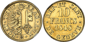 Suisse
Canton de Genève 
10 francs en or - 1848 
Magnifique exemplaire. 
Très rare, seulement 336 exemplaires. 
Provient d'une collection privée ...