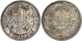 Suisse
Canton de Genève 
10 francs en argent - 1848 
Magnifique exemplaire. 
Très rare, 385 exemplaires. 
Défaut de tranche à l'avers à 6h. 
51....