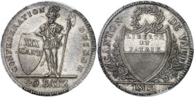 Suisse
Canton de Vaud 
40 batzen en argent - 1812 
Bel exemplaire. 
Rare, seulement 2.485 exemplaires. 
29.5g - HMZ 997a 
Superbe - PCGS AU 58