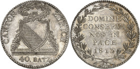 Suisse
Canton de Zurich 
40 batzen en argent - 1813 Zurich 
Bel exemplaire. 
Léger nettoyage. 
29.30g - HMZ 1172a 
Superbe à FDC - MS