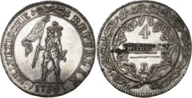 Suisse
République Helvétique (1798-1803) 
Épreuve en argent du 4 francs - 1799 B Berne 
Magnifique exemplaire. 
Très rare. 
29.32g - HMZ 1185c 
...