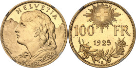 Suisse
Confédération Helvétique (1848 à nos jours) 
100 francs en or - 1925 B Berne 
Rare et magnifique exemplaire. 
32.25g - HMZ 2-1193a - KM 502...