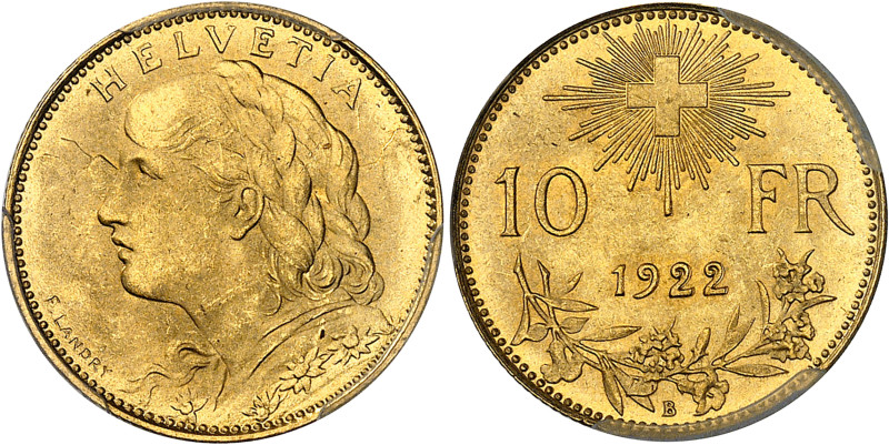 Suisse
Confédération Helvetique (1848 à nos jours) 
10 francs en or - 1922 B B...
