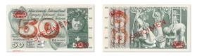 Suisse
Banque Nationale Suisse 
Spécimen du 50 Francs 
28 Mars 1965 - 15A/00000 
2 perforations. - Spécimen N°13 
"SPECIMEN " et tampons TDLR imp...