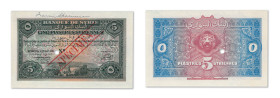 Syrie
Banque de Syrie 
Spécimen du 5 Piastres 
1er Août 1919 - Sans numérotation 
"SPECIMEN" imprimé en rouge au recto. 
1 Perforation. 
Pick ma...