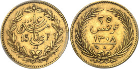 Tunisie
Ali Bey (1299-1320 AH / 1882-1902) 
15 francs / 25 piastres en or - 1308 AH / 1891 
Magnifique exemplaire. 
Très rare. 
4.92g - KM 214 - ...