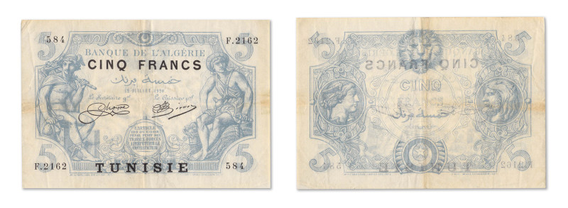 Tunisie
Banque de l'Algérie 
5 francs surchargé TUNISIE 
12 Juillet 1920 - F....