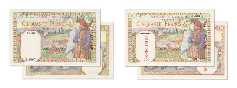 Tunisie
Banque de l'Algérie 
Lot de 2 billets 
Spécimen filigrané du 50 Franc...