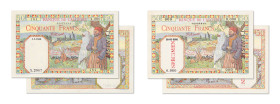 Tunisie
Banque de l'Algérie 
Lot de 2 billets 
Spécimen filigrané du 50 Francs surchargé TUNISIE 
ND (1938-45) - 0.000/000 
"SPÉCIMEN" tamponné e...