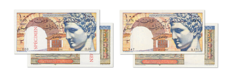 Tunisie
Banque de l'Algérie 
Lot de 2 billets 
Spécimen filigrané du 100 Fran...
