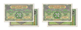 Tunisie
Banque de l'Algérie 
Lot de 2 billets 
Spécimen du 20 Francs 
ND (1948) - O.000/000 
"SPECIMEN" par perforation. 
20 Francs 
4.6.1948 -...