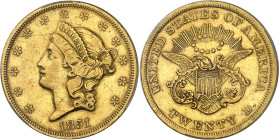 USA
République fédérale (1789 à nos jours) 
20 dollars en or - 1851 Philadelphie 
Très rare. 
Rayure à l'avers. 
33.43g - KM 74.1 
TTB - CAC XF ...