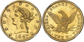 USA
République fédérale (1789 à nos jours) 
10 dollars en or - 1847 Philadelphie 
Rare. 
Nettoyé. 
16.71g - KM 66.2 
Superbe - NGC AU Details Cl...