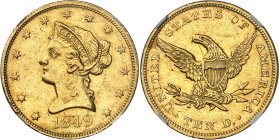 USA
République fédérale (1789 à nos jours) 
10 dollars en or - 1849 Philadelphie 
Bel exemplaire. 
Rare. 
16.71g - KM 66.2 
Superbe - NGC AU 53...