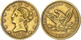 USA
République fédérale (1789 à nos jours) 
10 dollars en or - 1849 Philadelphie 
Rare. 
Nettoyé. 
16.71g - KM 66.2 
TTB - PCGS XF Detail Cleane...