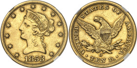 USA
République fédérale (1789 à nos jours) 
10 dollars en or - 1853 O Nouvelle-Orléans 
Rare. 
16.71g - 66.2 
TTB à Superbe - NGC XF 45