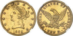 USA
République fédérale (1789 à nos jours) 
10 dollars en or - 1859 Philadelphie 
Rare. 
16.71g - KM 66.2 
TB à TTB - NGC VF 35