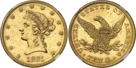 USA
République fédérale (1789 à nos jours) 
10 dollars en or - 1861 Philadelphie 
Magnifique exemplaire. 
Rare. 
16.71g - KM 66.2 
Superbe à FDC...