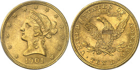 USA
République fédérale (1789 à nos jours) 
10 dollars en or - 1901 Philadelphie 
Magnifique exemplaire. 
16.71g - KM 102 
Pratiquement FDC - PCG...