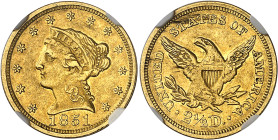 USA
République fédérale (1789 à nos jours) 
2.5 dollars en or - 1851 Philadelphie 
Bel exemplaire. 
Rare. 
4.18g - KM 72 
Superbe - NGC AU 55...