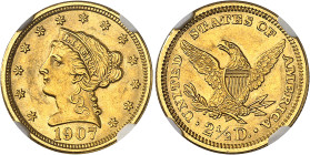 USA
République fédérale (1789 à nos jours) 
2.5 dollars en or - 1907 Philadelphie 
Magnifique exemplaire. 
Rare. 
4.18g - KM 72 
Superbe à FDC -...