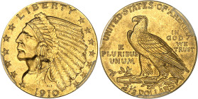 USA
République fédérale (1789 à nos jours) 
2.5 dollars en or - 1910 Philadelphie 
Magnifique exemplaire. 
4.18g - KM 128 
Pratiquement FDC - PCG...