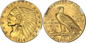 USA
République fédérale (1789 à nos jours) 
2.5 dollars en or - 1914 Philadelphie 
Magnifique exemplaire. 
4.18g - KM 128 
Superbe à FDC - NGC MS...