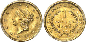 USA
République fédérale (1789 à nos jours) 
Dollar en or - 1851 Philadelphie 
Magnifique exemplaire. 
1.67g - KM 73 
Pratiquement FDC - PCGS MS 6...