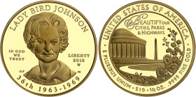 USA
République fédérale (1789 à nos jours) 
Épreuve sur flan bruni en or du 10 dollars "First Spouse" Lady Bird Johnson- 2015 West Point 
Magnifiqu...