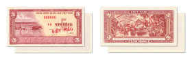 Vietnam (Sud)
Banque Nationale du Vietnam 
Paire de spécimens unifaces du 5 Dông 
ND (1955) - 1-A/000000 
"GIÂ MÂU" imprimé en rouge sur le recto ...