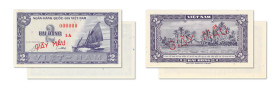 Vietnam (Sud)
Banque Nationale du Vietnam 
Paire de spécimens unifaces du 2 Dông 
ND (1955) - 1-A/000000 
"GIÂ MÂU" imprimé en rouge sur le recto ...