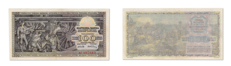Yougoslavie
Banque Nationale 
100 Dinara 
1er Mai 1953 - AG/987843 
Erreur a...
