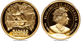 Elizabeth II gold High Relief Proof "Winged Victory" 100 Dollars (1 oz) 2021-P PR70 Ultra Cameo NGC, Perth mint, KM-Unl. Mintage: 250. Holder signed b...
