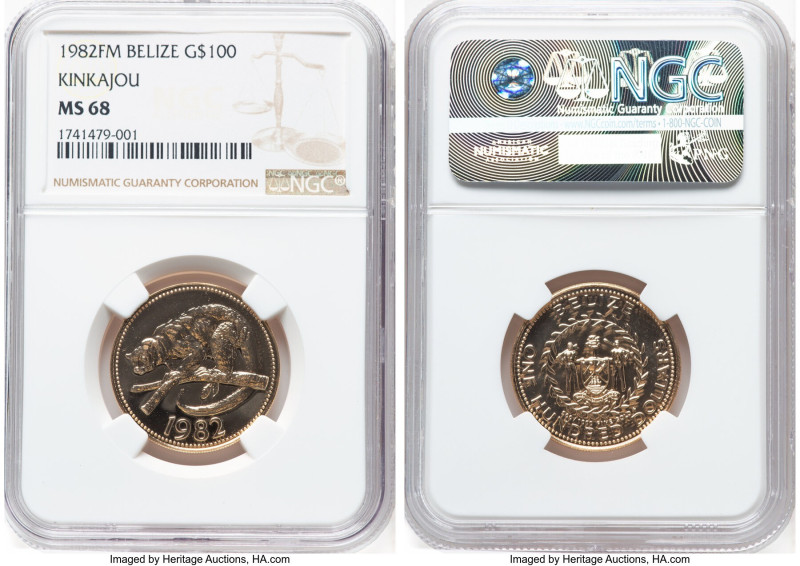 Elizabeth II gold "Kinkajou" 100 Dollars 1982-FM MS68 NGC, Franklin mint, KM70. ...