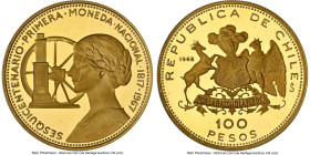Republic gold Proof "150th Anniversary of National Coinage" 100 Pesos 1968-So PR66 Ultra Cameo NGC, Santiago mint, KM185. Laden with golden frost and ...